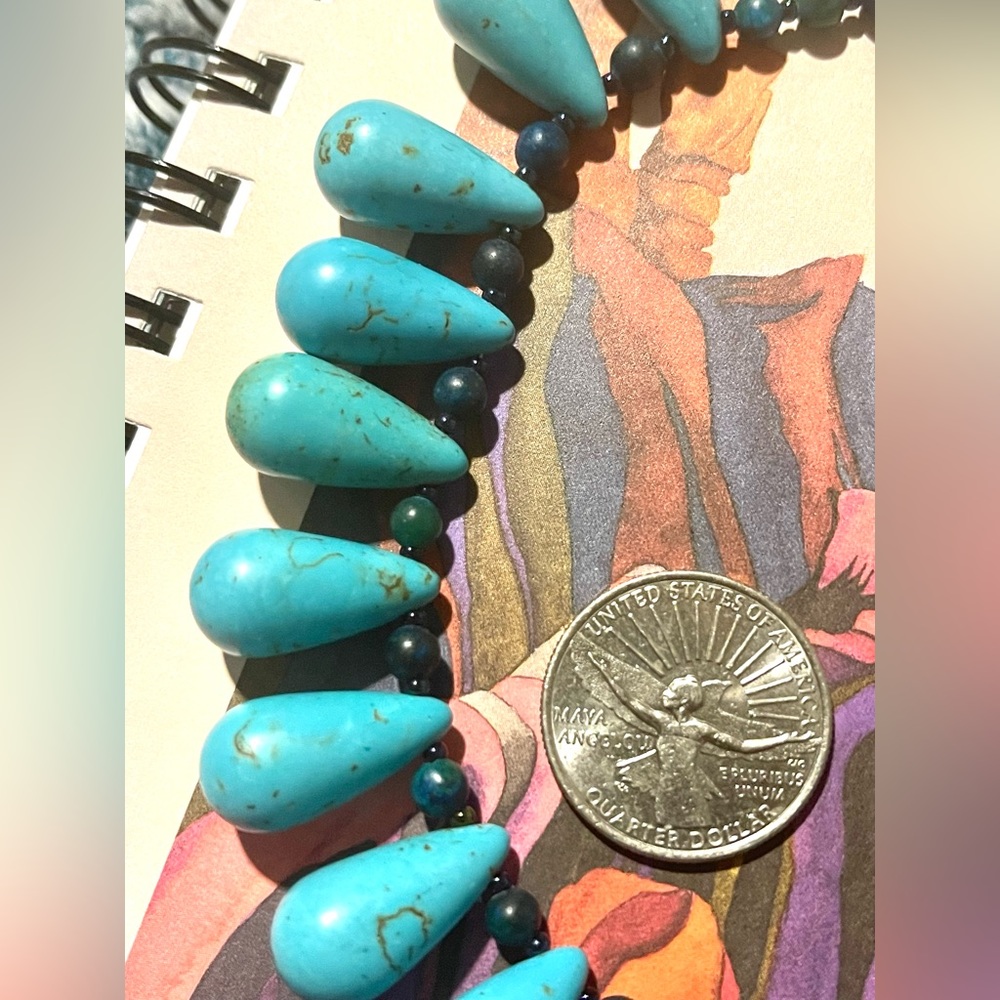 Beaded Big turquoise vtg necklace w/gemstone beads sterling silver clasp Artisan